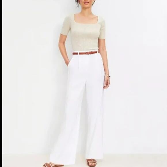 LOFT The High Rise Linen Peyton Trouser Wide Leg Pants White 12 - Picture 1 of 11